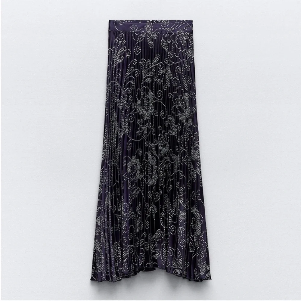 Zara, Navy/white, Printed pleated midi skirt, Medium